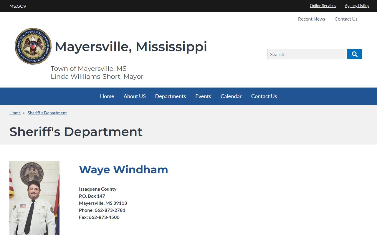 Official Issaquena County sheriff page with Waye Windham contact information